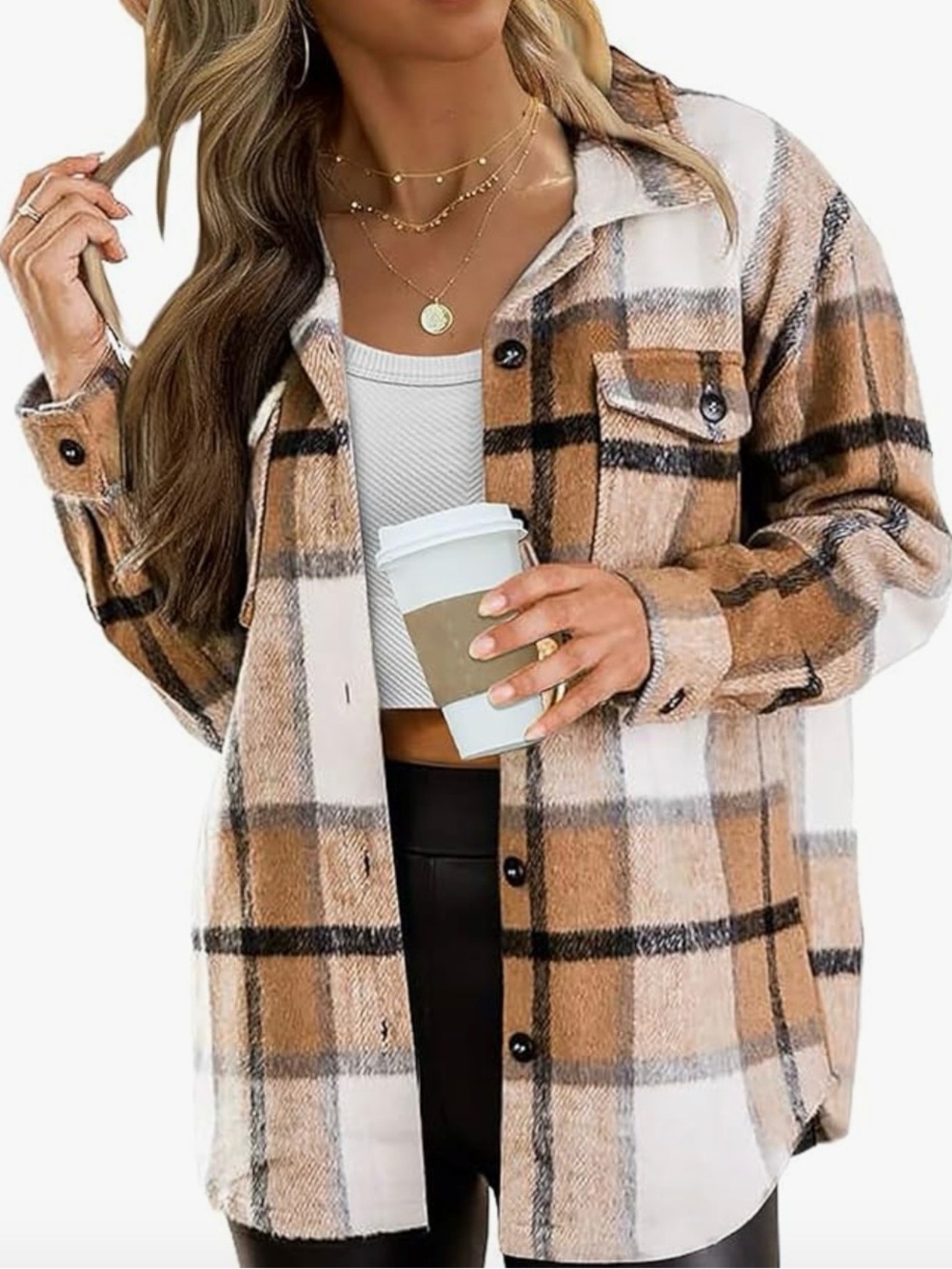 Brown Plaid Button Up Flannel Shacket Shirt Jacket Western Cowgirl Size XL 16-18 - Picture 10 of 16